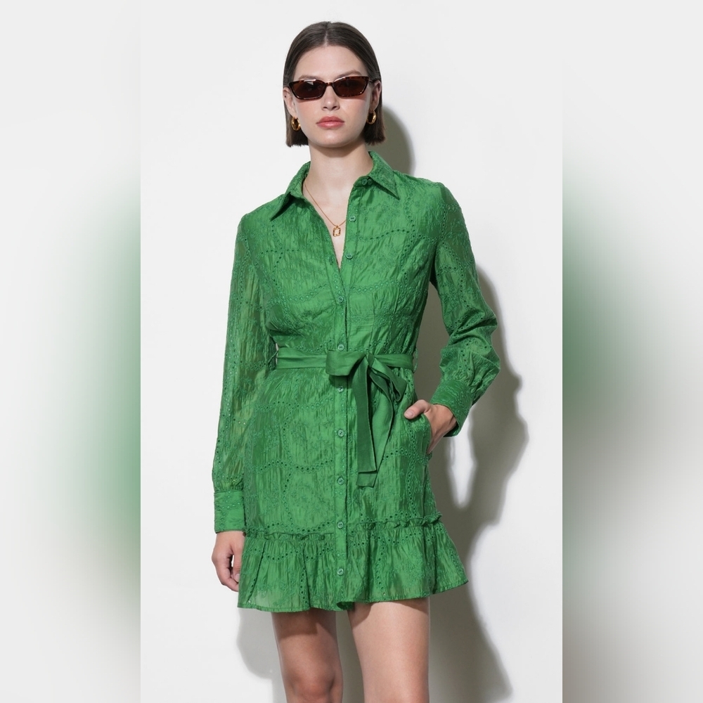 Greylin Green Eyelet Shirt Dress with Tie Waist - Picture 1 of 4